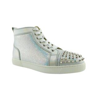 New Christian Louboutin Sparkle Silver Leather Lou Spiked Hi Top Sneakers 39